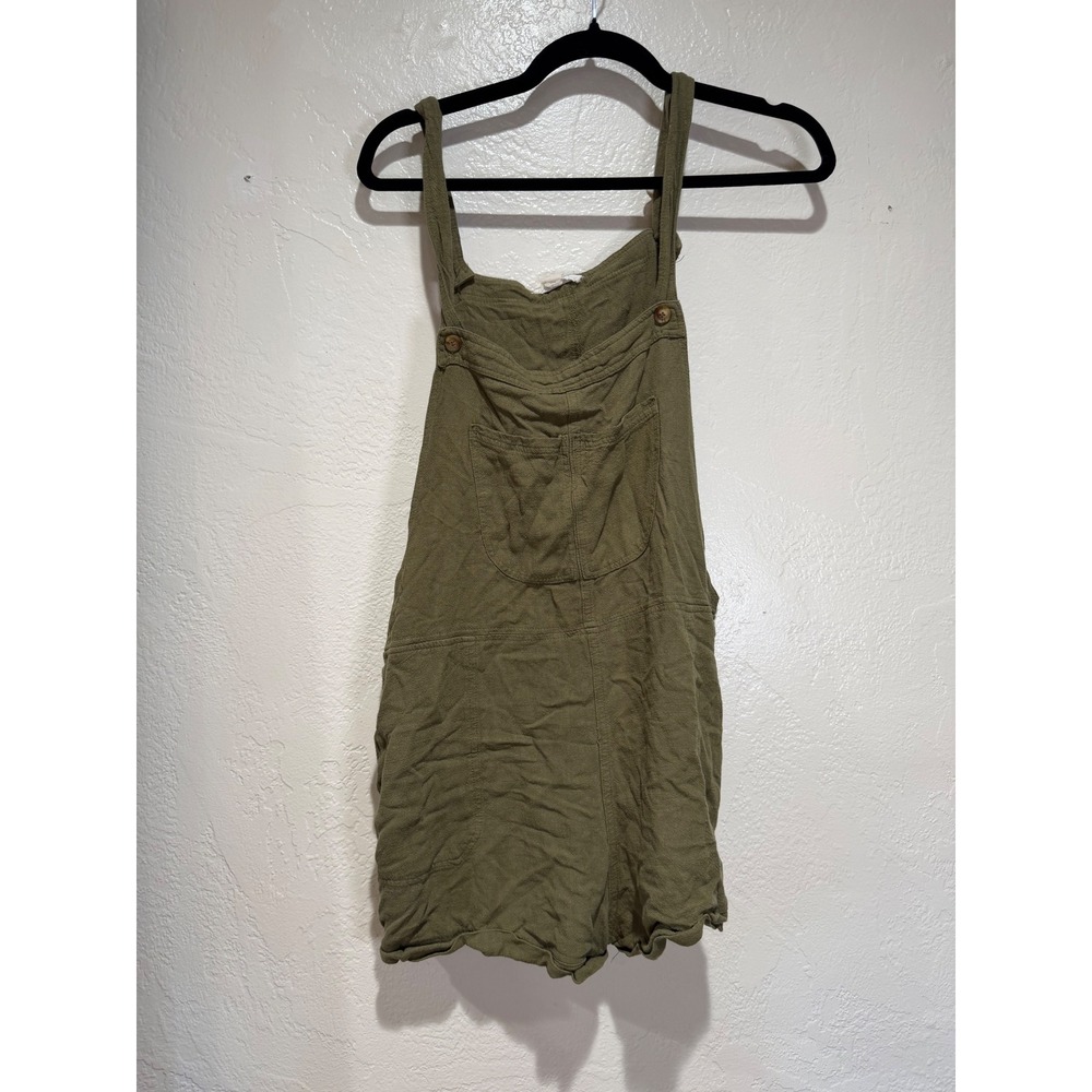 Olive Green Linen Blend Short Overalls Adjustable Strap‎ Romper Pockets Womens